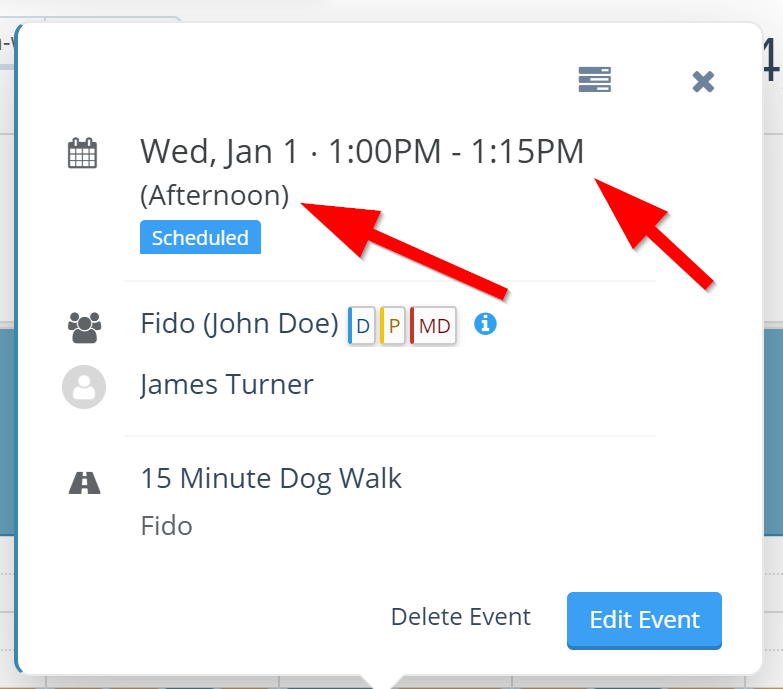 Screenshot of an example event pop-up with scheduled end time and client time display