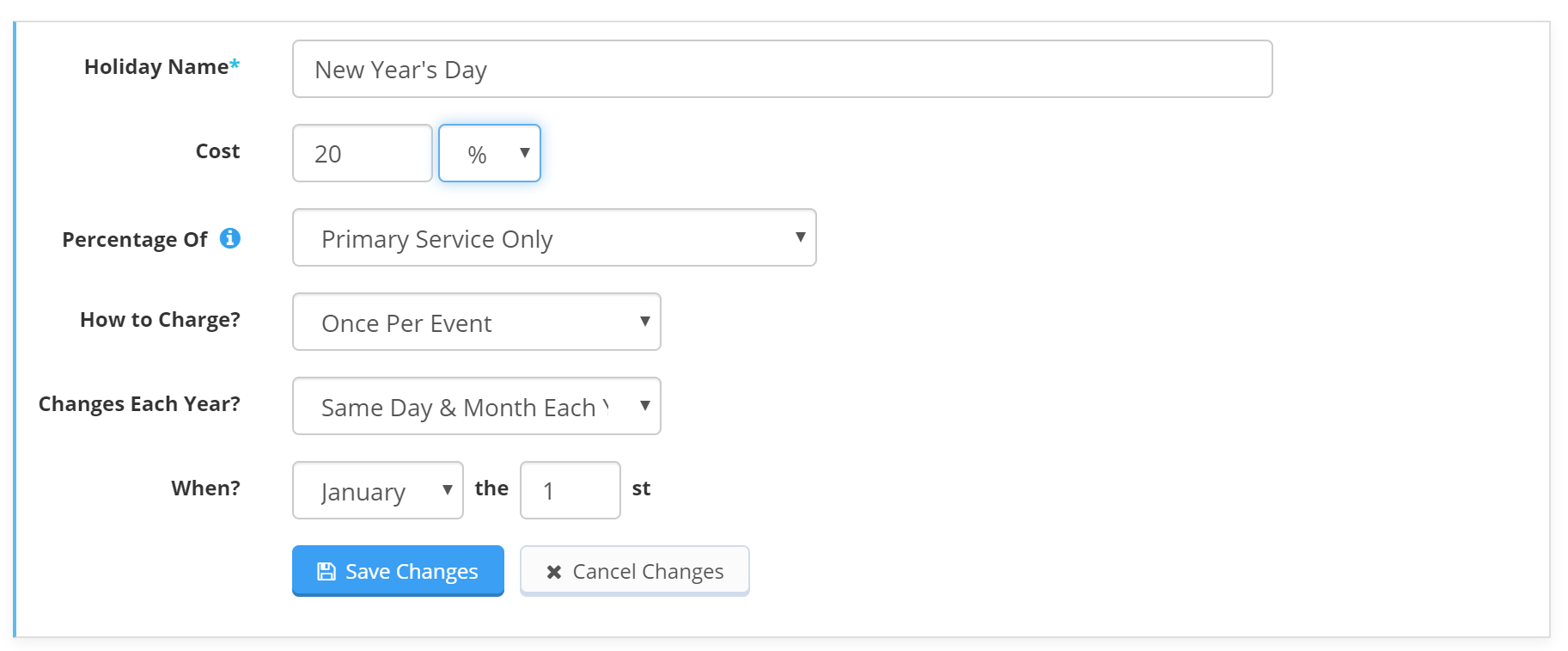 Screenshot of the percentage-based holiday fee