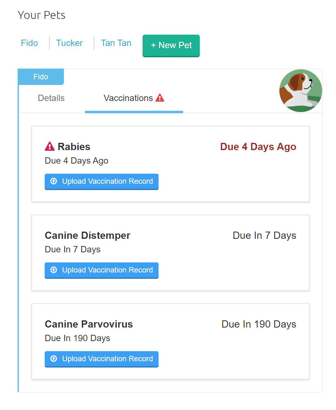 Pet Parents view of Pet Vaccination Records